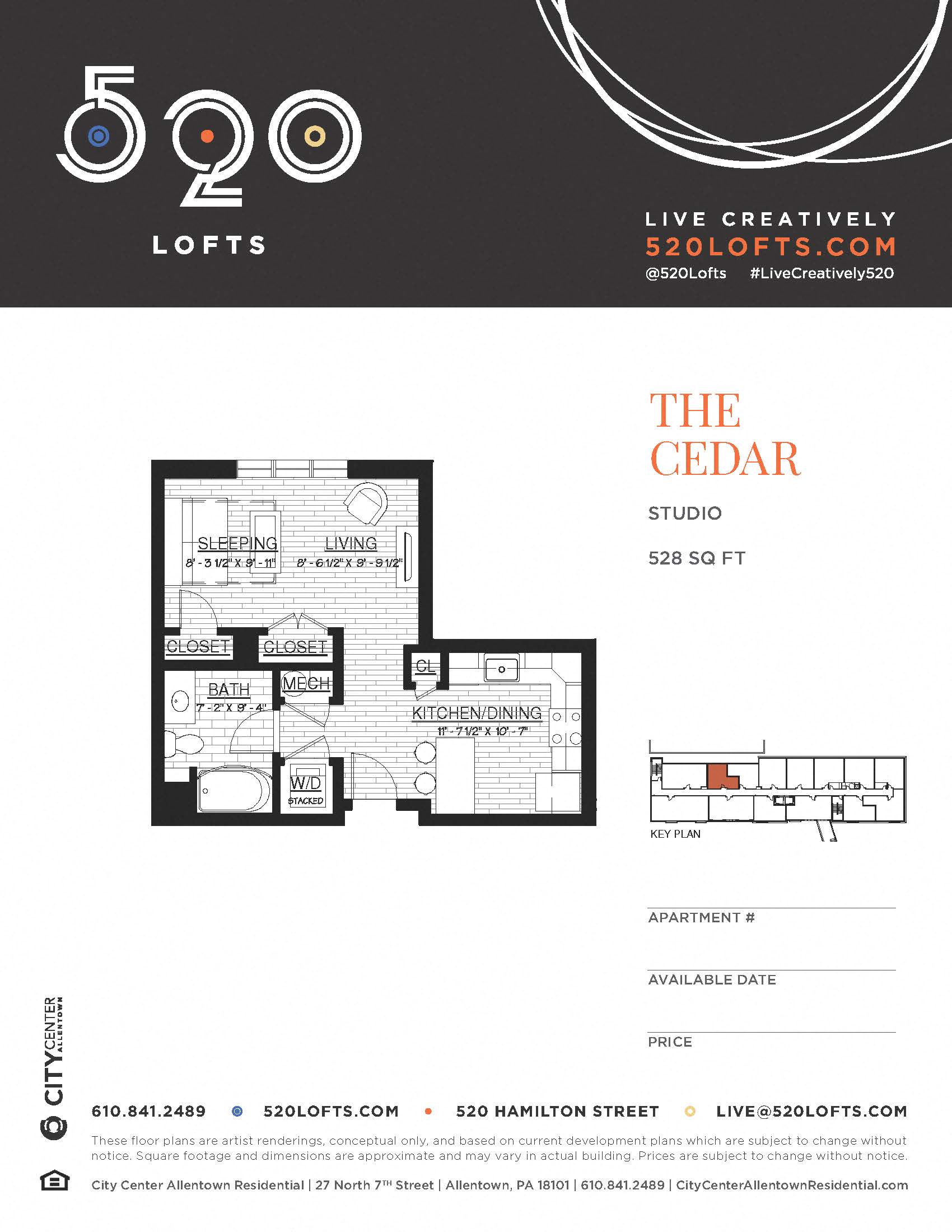 Floor plan for studio, 1 bath, 528 sqft